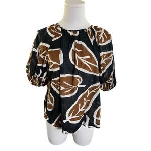 Who What Wear Puff Sleeve Top XS Linen Blend Brown Black Print Minimal‎